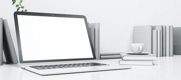 Área de trabalho de designer branca limpa com monitor de computador simulado vazio xícara de café e livros renderização em 3D