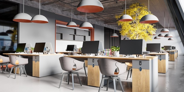 Área de trabalho na renderização 3d do espaço de trabalho aberto interior moderno