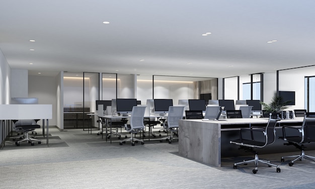 Área de trabalho no escritório moderno com piso em carpete e sala de reunião renderização em 3d interior
