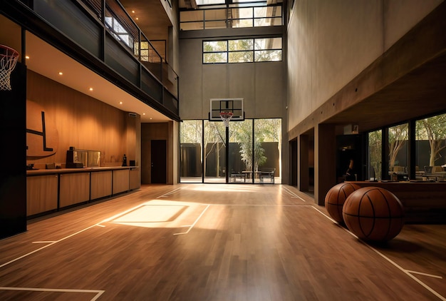 Foto un área interior con líneas de canasta de baloncesto.