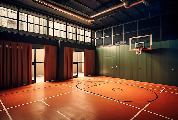 Un área interior con líneas de canasta de baloncesto.