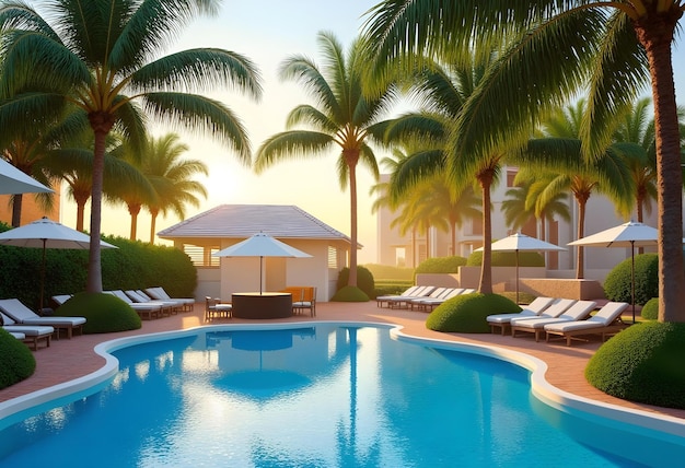 Área de la piscina con palmeras y sillas de descanso
