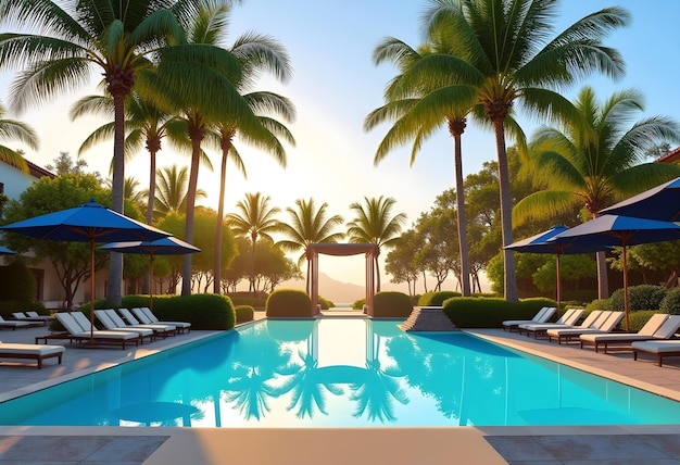 Área de la piscina con palmeras y sillas de descanso