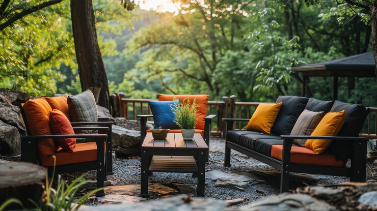 Área de salón al aire libre con cojines de colores asientos cómodos y entorno natural