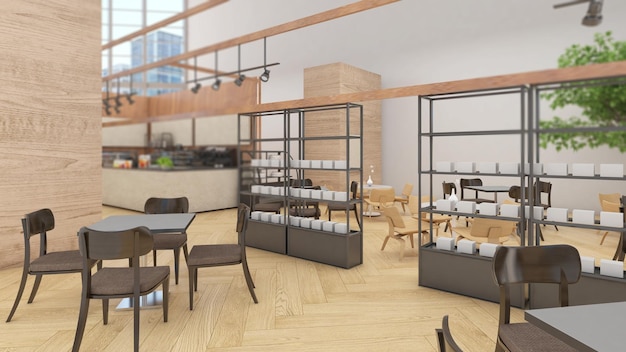 área de la tienda cafetería y panadería dentro del edificio3d renderización