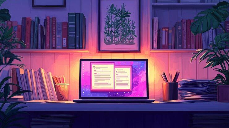 Foto área de trabajo acogedora con portátil y libros en el escritorio