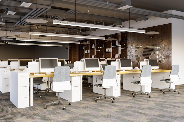 Área de trabajo en el interior moderno Espacio de trabajo de oficina abierta Representación 3d