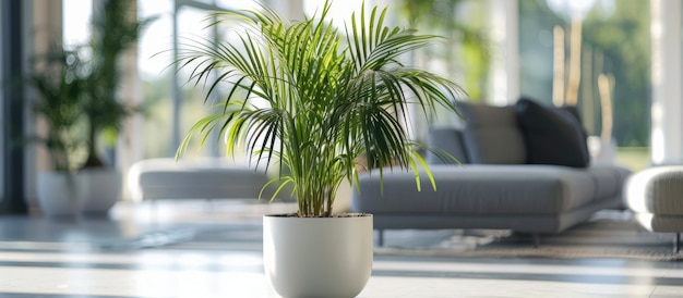 Areca-Palme in einem geräumigen weißen Behälter im Innenraum