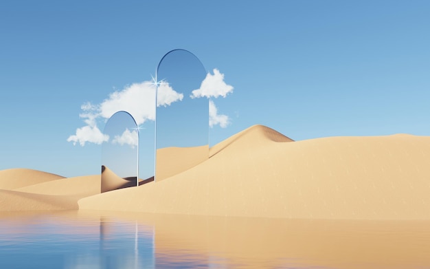 Areia abstrata do penhasco da duna com arcos metálicos e paisagem natural do deserto surreal do céu azul