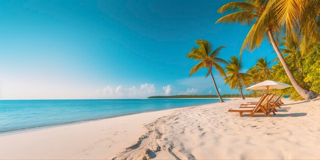 Areia branca e planta de coco viajam turismo amplo conceito de plano de fundo IA generativa