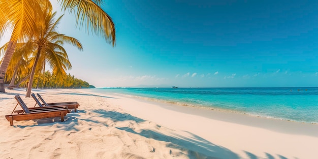 Areia branca e planta de coco viajam turismo amplo conceito de plano de fundo IA generativa