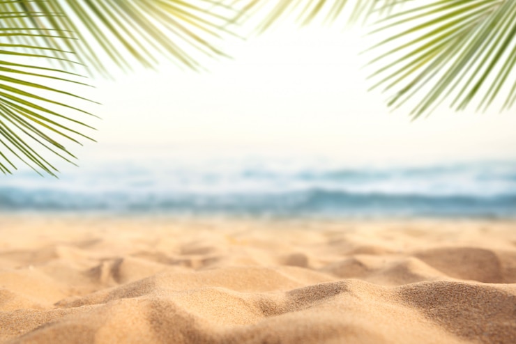 Foto areia com palm turva e fundo de bokeh de praia tropical