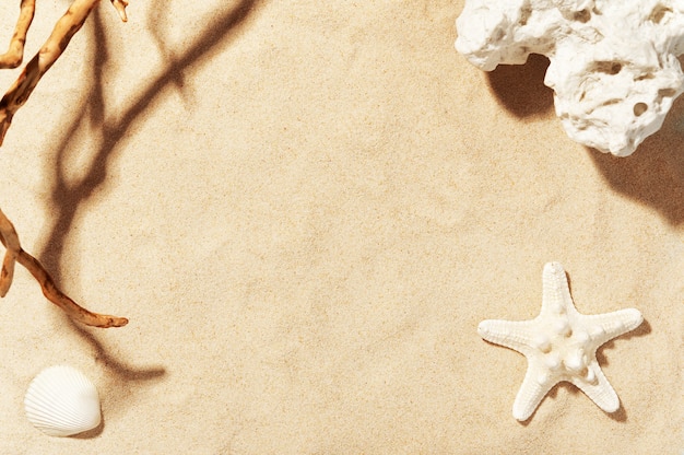 Areia da praia dourada com conchas, estrelas do mar e pedras do mar. decorações de verão.