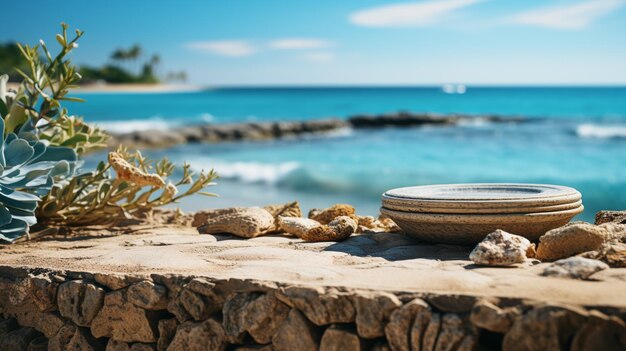 Areia de verão e fundo de mar tropical com pódio de pedra abstrato IA generativa