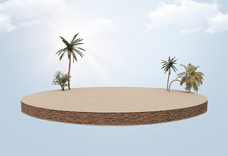 areia do deserto e superfície de grama verde e solo e telefone móvel com fatia flutuante de terra