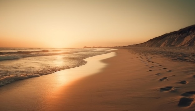 Areia dourada ondas tranquilas reflexo do pôr do sol beleza gerada por IA