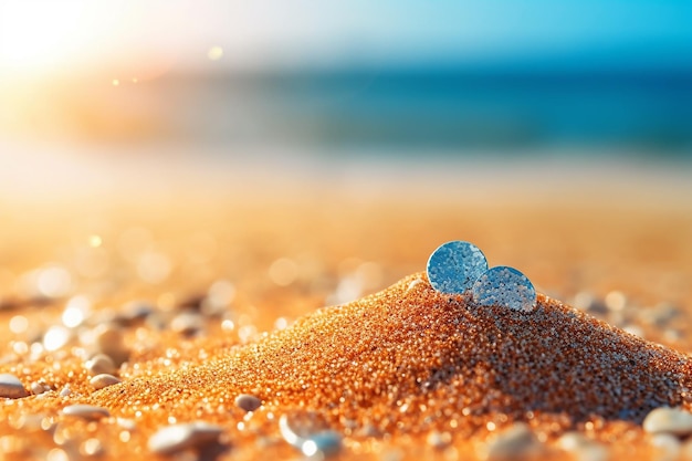 Areia em uma praia com um coração azul nela