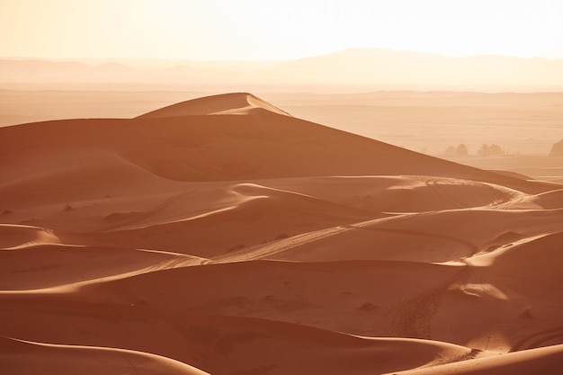 Areias sem fim do deserto do Saara. Belo pôr do sol sobre as dunas de areia do deserto do Saara, Marrocos, África