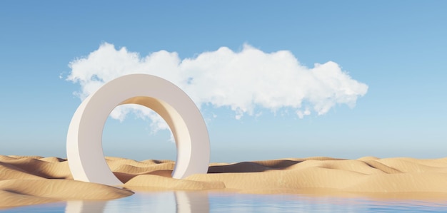 Arena de acantilado de duna abstracta con arcos metálicos y cielo azul limpio Fondo de paisaje natural del desierto mínimo surrealista Escena del desierto con arcos metálicos brillantes diseño geométrico 3D Render