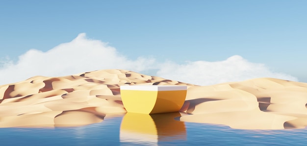 Arena de acantilado de duna abstracta con arcos metálicos y cielo azul limpio Fondo de paisaje natural del desierto mínimo surrealista Escena del desierto con arcos metálicos brillantes diseño geométrico 3D Render