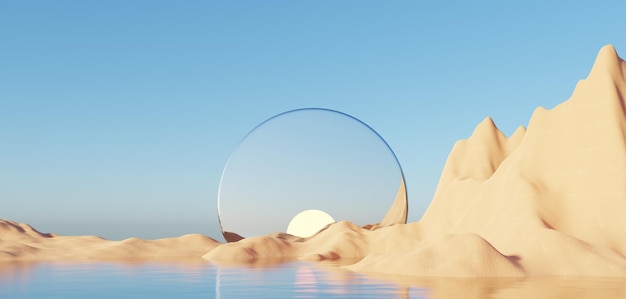 Arena de acantilado de duna abstracta con arcos metálicos y cielo azul limpio Fondo de paisaje natural del desierto mínimo surrealista Escena del desierto con arcos metálicos brillantes diseño geométrico 3D Render