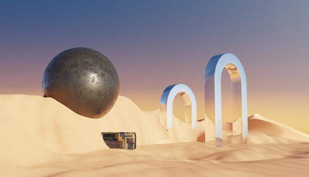 Arena de acantilado de dunas abstractas con plataforma de soporte de podio metálico. Escena del paisaje natural del desierto surrealista