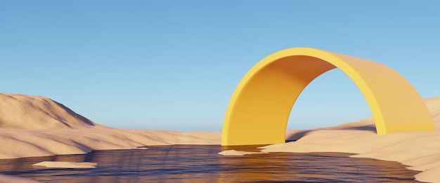 Arena de acantilado de dunas surrealistas abstractas en 3D con arcos metálicos y cielo azul Paisaje natural del desierto