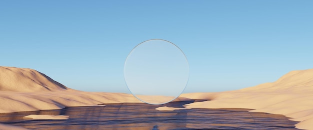 Arena de acantilado de dunas surrealistas abstractas en 3D con arcos metálicos y cielo azul Paisaje natural del desierto