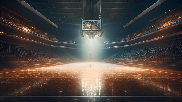 Arena de baloncesto con asientos vacíos y luces generativas ai