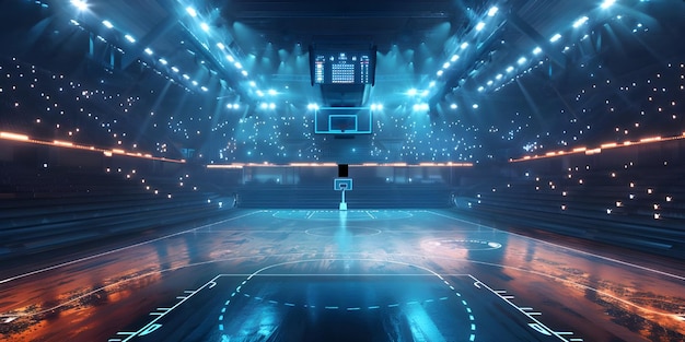Arena de baloncesto con cancha brillante y gradas iluminadas de alta tecnología Generado por Ai