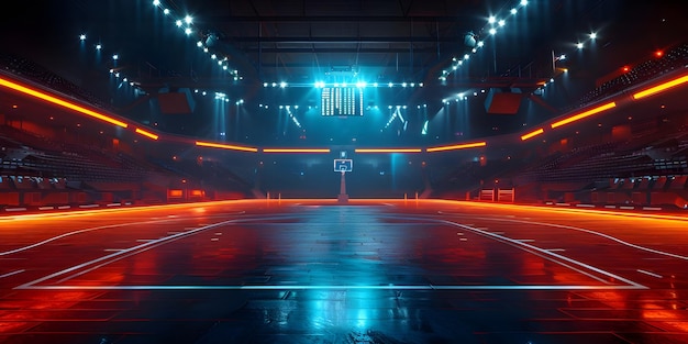 Arena de baloncesto con cancha brillante y gradas iluminadas de alta tecnología Generado por Ai