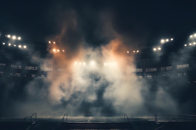 La arena brillante del estadio enciende las luces del estadio y el humo contra la noche oscura