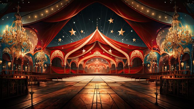 Foto arena de circo clásico con escenario redondo bajo carpa y elegantes candelabros