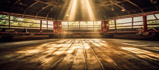 Foto arena de boxe com espectador borrado e luz do estádio ring in arena