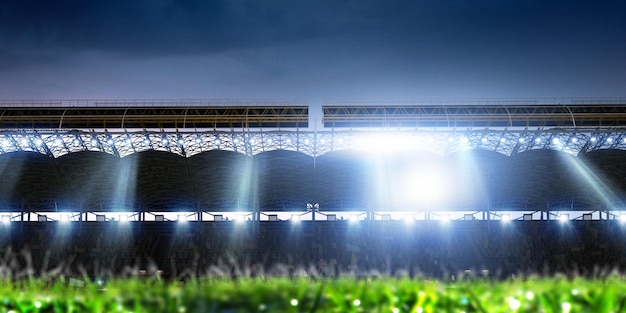 Arena de futebol em luzes e flashes, close-up, plano de fundo