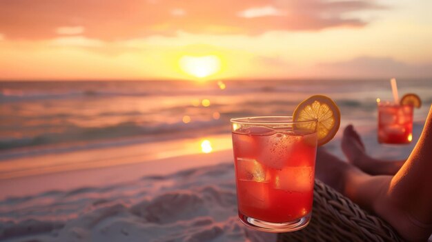 Foto con arena entre los dedos de los pies y un cóctel en la mano la vida en la playa adquiere una nueva dimensión donde cada sorbo es un brindis por las alegrías simples del sol, el surf y la buena compañía.