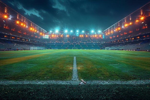 Arena deportiva iluminada preparándose para un partido nocturno