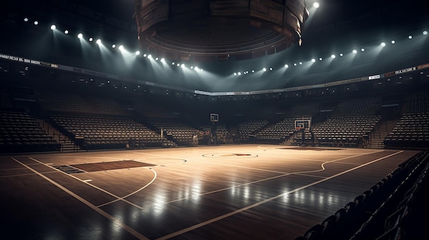 arena deportiva de juego de baloncesto con luces de inundación y gradas para jugadores de baloncesto ai generativo