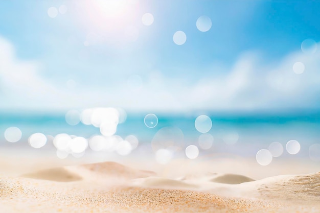 Arena y desfocado bokeh y fondo borroso de viajes de vacaciones de verano en el mar