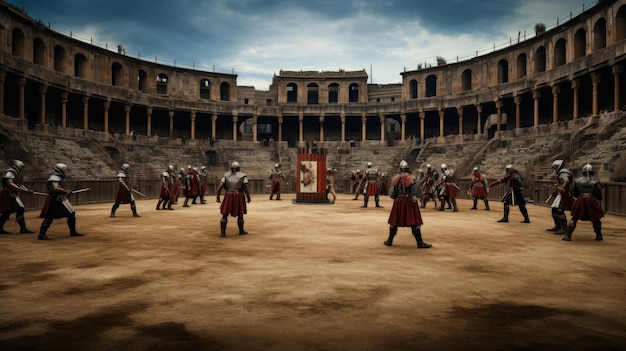 Arena de la escuela romana de gladiadores con intensos combates