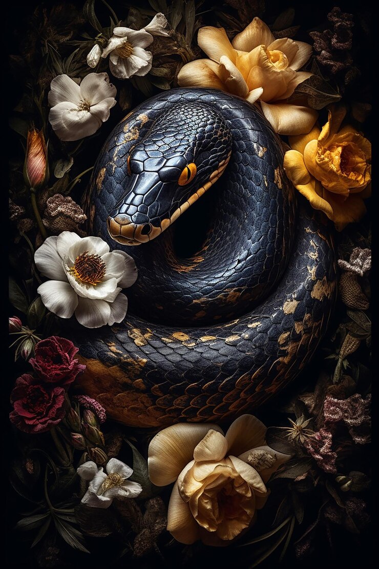 Arena y flores que rodean a la serpiente al estilo.