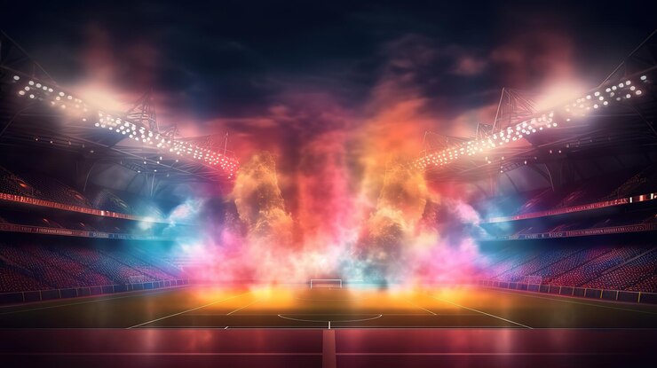 Arena de fútbol nocturna llena de luces luces por la noche y estadio