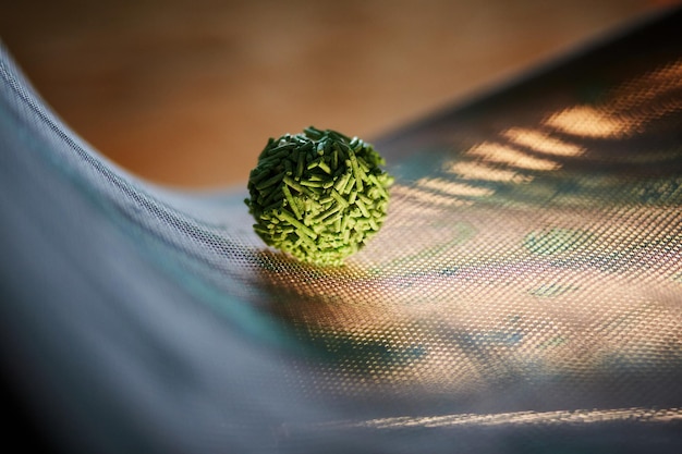 Arena para gatos verde en una bola de cerca.