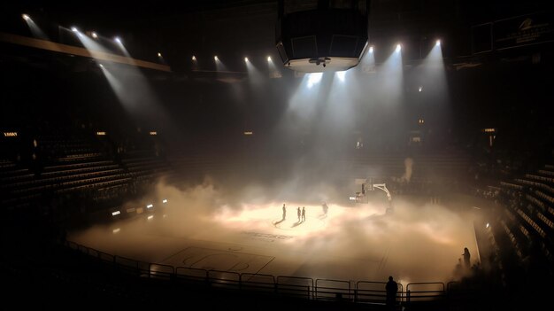 Foto arena de hockey con luces brillantes y humo