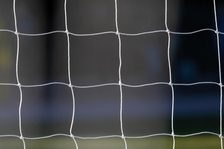 Arena de juego de fútbol a través de redes de fútbol Fondo borroso