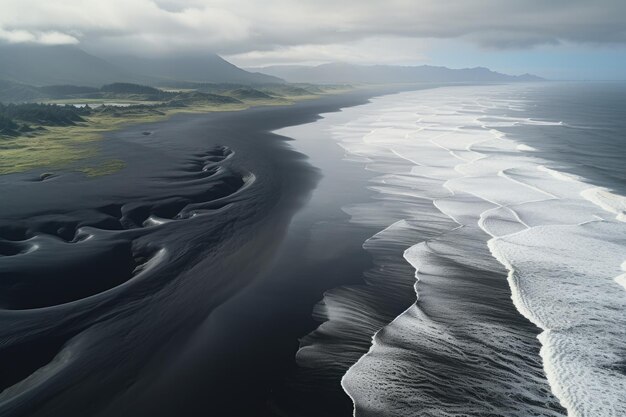 Arena negra cerca de agua azul clara playa destino de viaje vista aérea fondo de pantalla Generative Ai