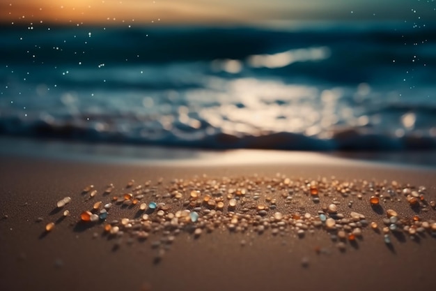 Arena en la playa con un atardecer de fondo