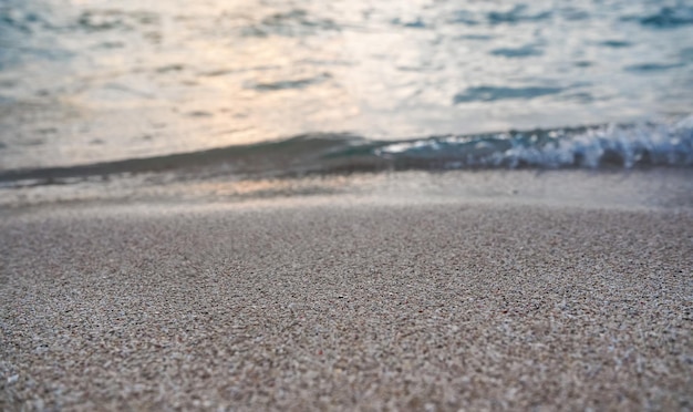 Arena de playa cerca de lavado por agua de mar iluminada por el sol de la mañana, detalle de primer plano de ángulo bajo - fondo marino abstracto