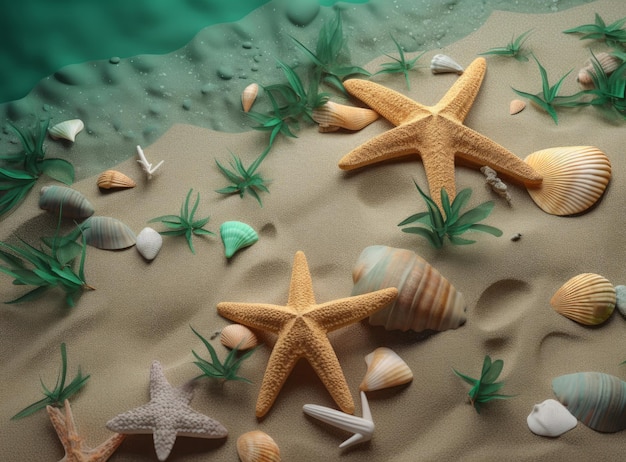 Arena de playa con estrellas y conchas Ilustración AI Generativo