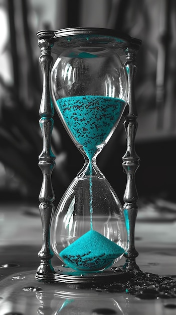 La arena turquesa fluye en un elegante reloj de arena el tiempo capturado